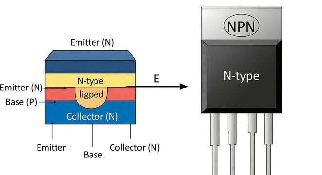Technical illustration of bipolar junction transistor bjt component npn pnp showing semiconductor structure for electronic circuit design engineering technology concept.