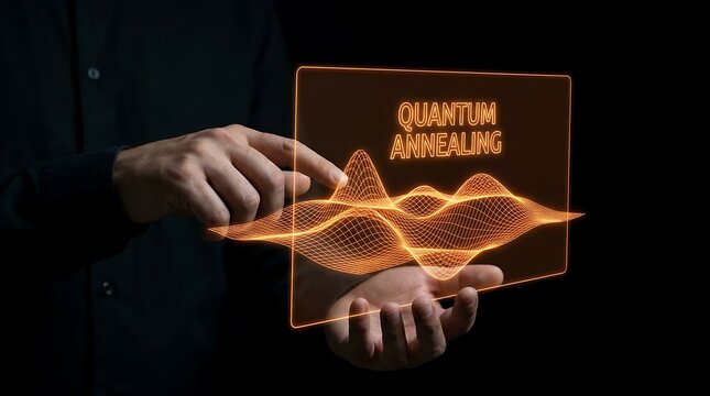 Hands interacting with a glowing digital display of quantum annealing optimization landscape.