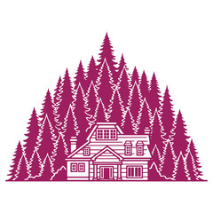 Obraz premium Purple illustration of a cozy log cabin nestled among tall pine trees in a serene forest setting