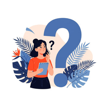 Vector flat design illustration of a thoughtful woman holding a notebook next to a large question mark surrounded