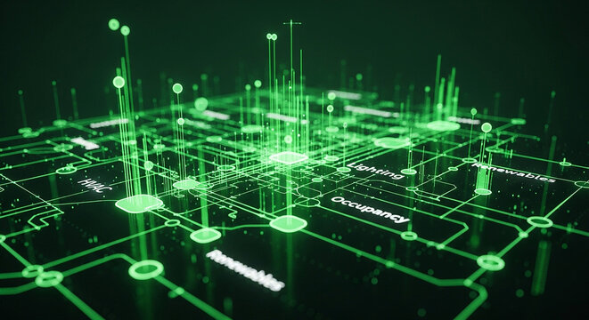 Digital smart building management system concept with data visualization of hvac, lighting, occupancy and renewable energy systems in green neon glowing lines on a dark background