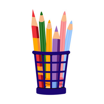 Purple mesh cup with colorful colored pencils isolated on white background. Stationery organizer for school, office and creative workspace. Tools for drawing