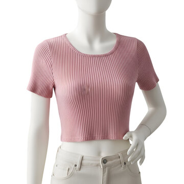 Blank ribbed pink crop top short sleeve shirt displayed on a female mannequin