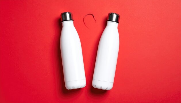 Two white reusable water bottles on a vibrant red surface