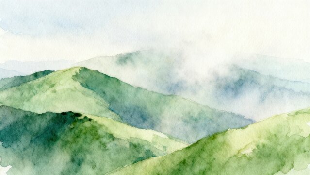 Watercolor painting of green mountain landscape
