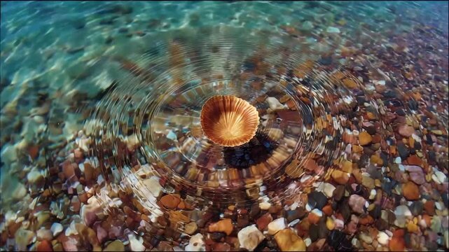A seashell rests in rippling, clear water over a bed of colorful pebbles