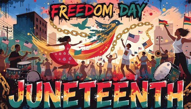 Vibrant Juneteenth celebration parade with colorful banner and festive crowd in urban setting