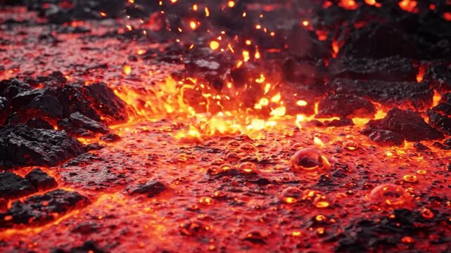 Molten lava flows through rocks.
