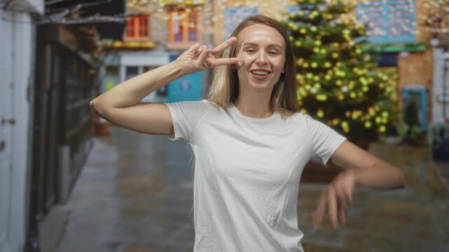Woman making peace sign with fingers by face on a wet cobbled street decorated with a lit christmas tree and shopfronts; playful joy.