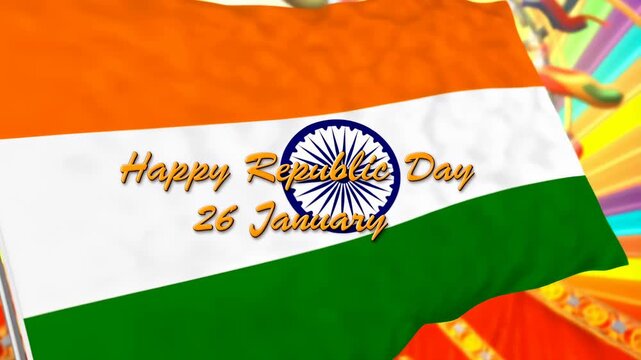 Indian flag waving with festive background celebrating Republic Day. Symbol of national pride and unity on January 26th