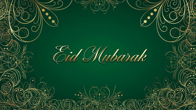 Elegant "Eid Mubarak" greeting with ornate gold design on a rich green background. Celebrating the spirit of Eid with festive elegance and joy