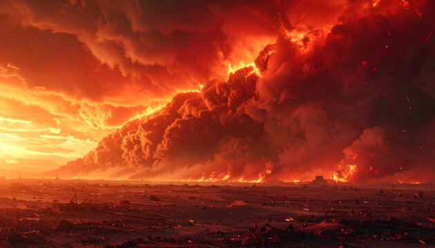 Massive fire engulfs landscape with dark clouds and flames burning fiercely across horizon