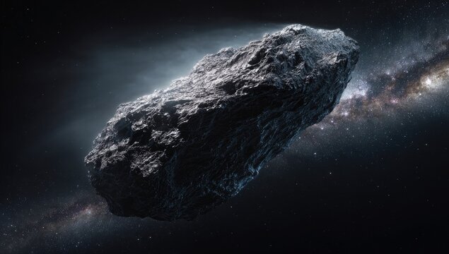 Rough, dark asteroid floating in deep space with a starry galaxy visible behind it