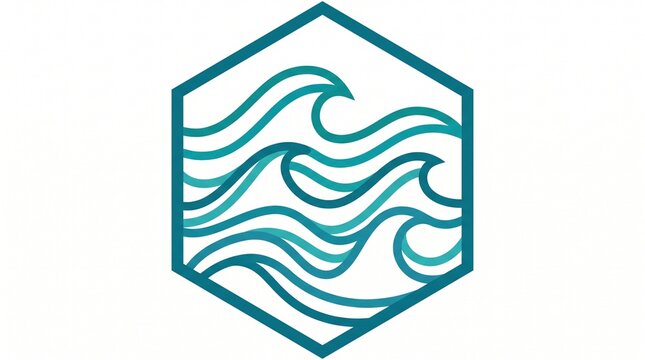 Geometric Hexagon Outline Symbol Featuring Stylized Blue and Teal Ocean Wave Pattern