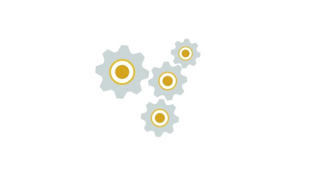 Gear animation with 4 rotating gears of different sizes on white background	