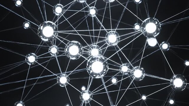 An abstract representation of a complex network with glowing interconnected spheres against a dark background, symbolizing data, technology, or scientific connections.