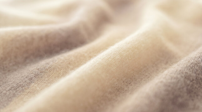 Macro close up warm beige folded cashmere knitted wool fabric texture beautiful soft textile delicate cozy fluffy winter clothing material elegant background
