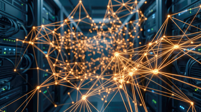 Glowing orange network connection nodes inside dark modern data center server room futuristic global internet communication technology abstract information processing background