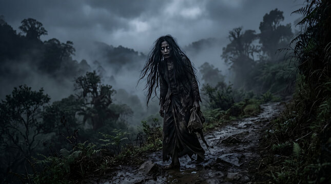 Ultra-realistic Indonesian pocong ghost standing ominously on a muddy forest path, evoking ancient folklore