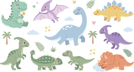 Cute Pastel Dinosaur Cartoon Collection Featuring Tyrannosaurus Brachiosaurus Triceratops Stegosaurus Pterodactyl Ankylosaurus and Parasaurolophus Characters © MdNazmul