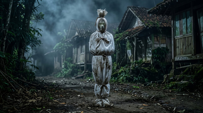 Terrifying Indonesian pocong emerging from the shadows of a cursed, abandoned village at night, creating a chilling horror scene