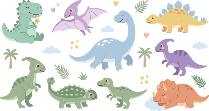 Cute Pastel Dinosaur Cartoon Collection Featuring Tyrannosaurus Brachiosaurus Triceratops Stegosaurus Pterodactyl Ankylosaurus and Parasaurolophus Characters