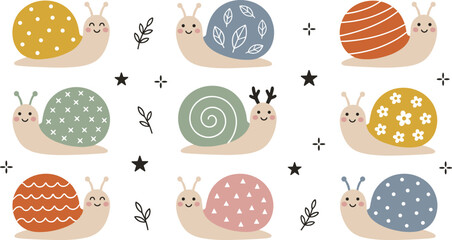 Cute Pastel Snail Cartoon Collection Featuring Adorable Garden Snails with Patterned Shells Scandinavian Nursery Vector Illustration Set © MdNazmul
