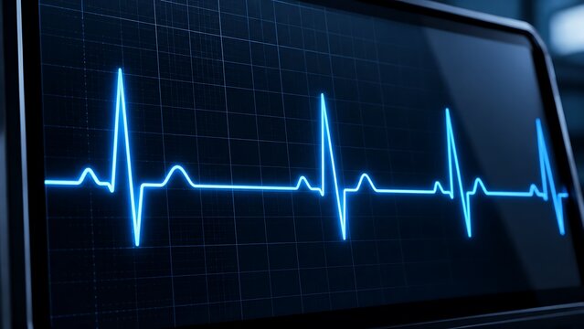 Medical Heartbeat Monitor ECG Waveform on Digital Screen Blue Healthcare Technology Background