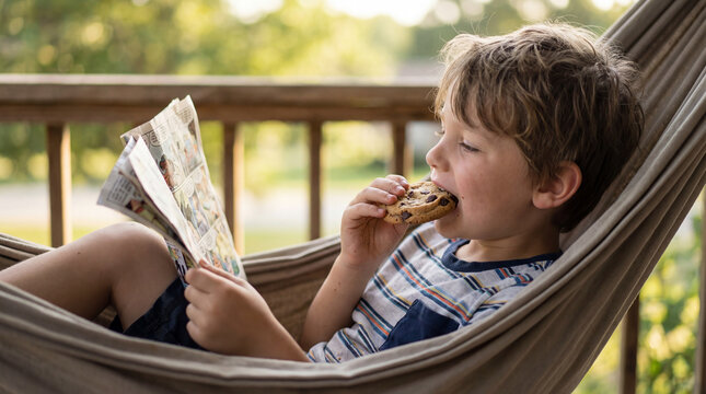 Young boy reads comic while eating cookie in hammock on sunny porch showing childhood leisure summer break literacy relaxation snack time home comfort simple joy screen free pastime