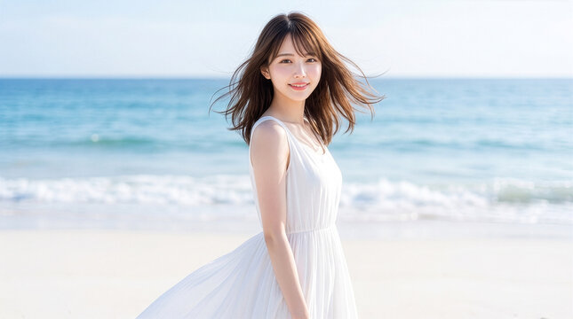 海辺を歩く白いドレスを着た日本人女性