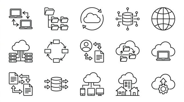 Cloud computing icons vector set with database infrastructure network data transfer server storage and web hosting linear symbols
