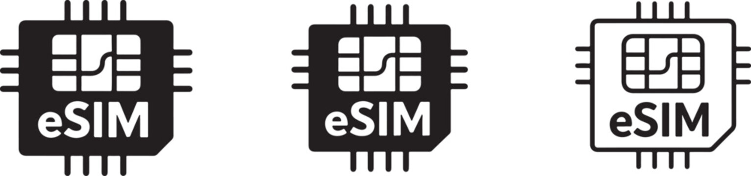 eSIM icon set with digital SIM symbols for mobile connectivity, telecom apps, UI and technology.