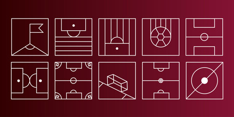 Soccer and football field line icons set on dark red gradient background. Geometric sports vector illustrations. © AR Himel