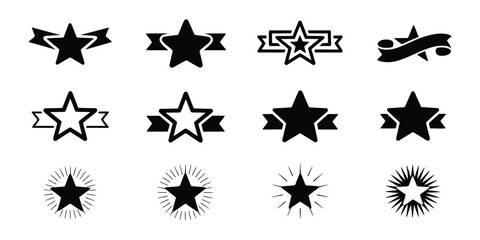 Fototapeta premium Star ribbon award icon set, ranking and rating achievement symbols, decorative badge icons in various artistic styles, prize and excellence vector design elements