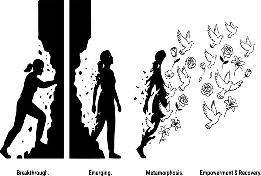 Overcoming Trauma and Healing Silhouette: Sexual Assault Survivor Empowerment Vector, Hope and Human Dignity Icon