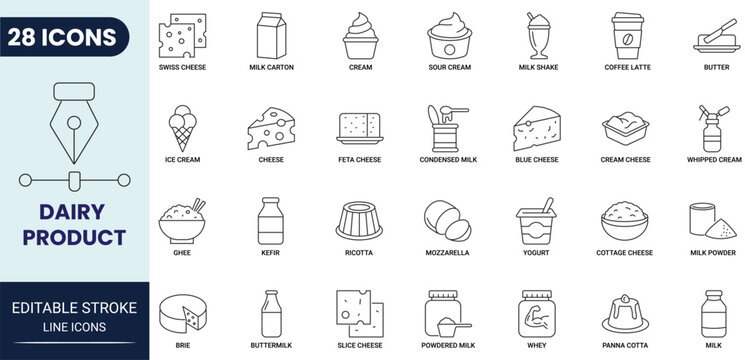Dairy product icon set in outline style. Collection of dairy products, milk, cheese, yogurt, butter, and food icons. Editable stroke. Vector icon collection.