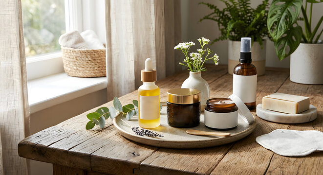 Premium skincare beauty products on rustic wooden table in natural light, luxury cosmetics still life for wellness retail campaign, organic serum and facial mask with soft shadows realistic stock phot