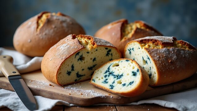 Rustic crusty loaves with blue marbled flecks sit dusted with flour on wooden board, paired with a bread knife and linen cloth.