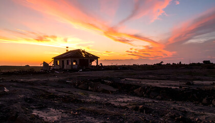Fototapeta premium Sunset over a small house in a desolate landscape with vibrant clouds