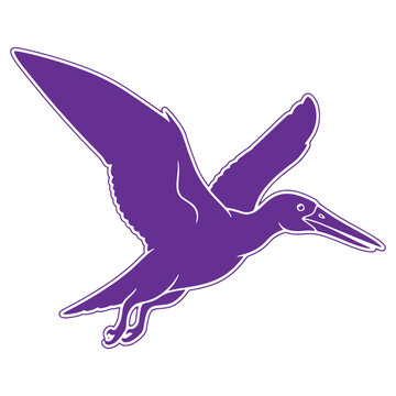 A stylized purple silhouette of a pterodactyl in midflight with its wings spread wide and sharp talons extended downwards isolated on a white background representing ancient aerial creatures