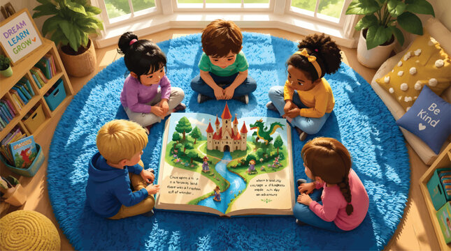 Children's Book Illustration: Diverse Kids Reading Fairytale Castle Story