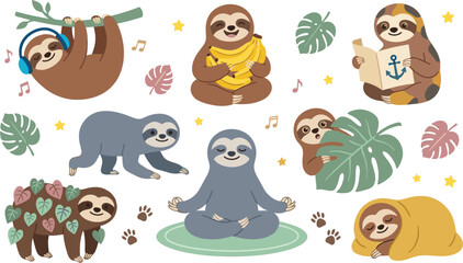 Fototapeta premium Cute Sloth Cartoon Collection Featuring Yoga Reading Music Listening Sleeping and Tropical Lifestyle Characters Vector Illustration