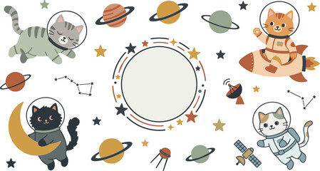 Cute Space Cats Cartoon Collection Featuring Astronaut Kittens Rocket Planets Moon Satellites and Cosmic Adventure Vector Illustration © MdNazmul