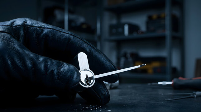 Professional locksmith picking door lock cylinder | Hand in black leather glove using lockpick tool | Close up of lock manipulation techniques | Security breach and lock picking concept