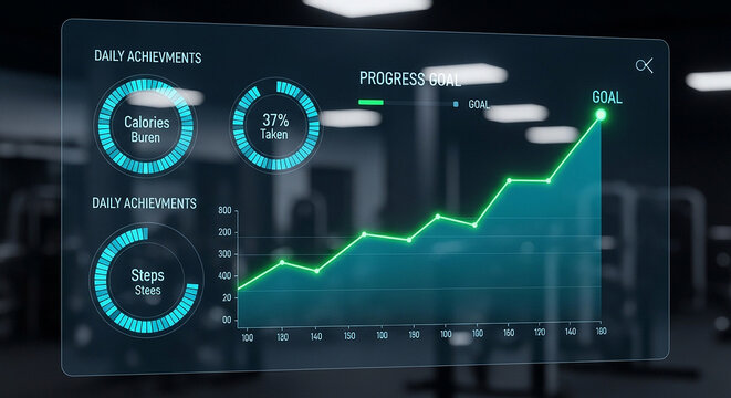 Futuristic fitness dashboard interface showing health statistics, calorie burn, step count, and progress goals on a digital screen in a gym setting