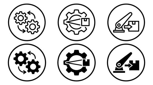 Industrial automation and manufacturing process icon set with automation manufacturing robotics industry