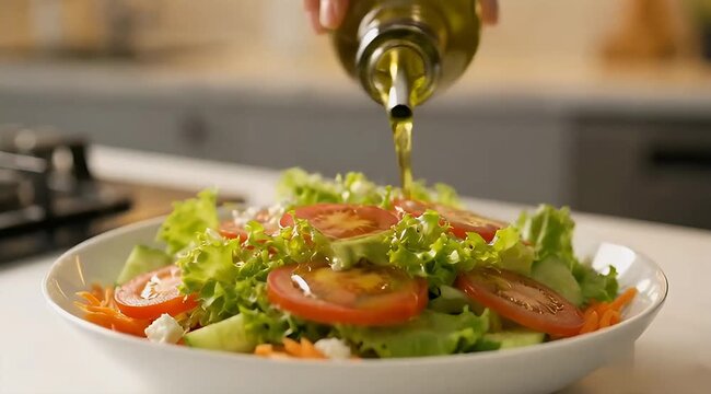 Olive oil drizzling over fresh tomato and lettuce salad