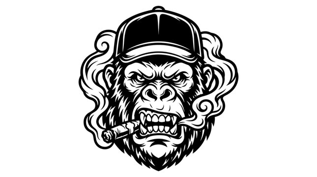 Angry gorilla head wearing a cap and smoking a cigar.