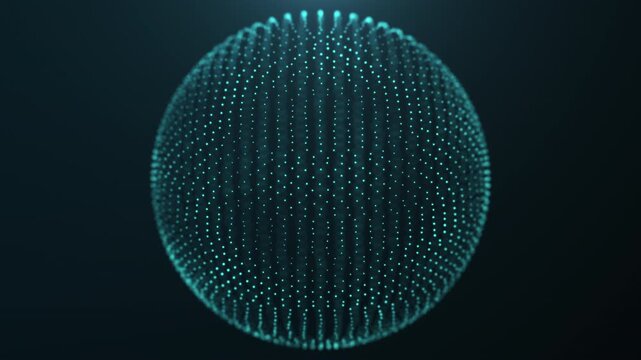 Cyan particle dome made of glowing digital dots on dark background, abstract data visualization concept for technology, network, science, analytics, and futuristic design.