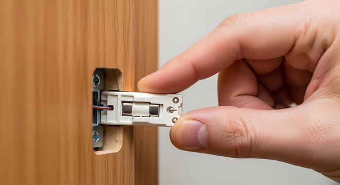 Installing magnetic door security sensor | Home alarm system installation close-up | Smart home entry sensor setup | Residential security system hardware maintenance